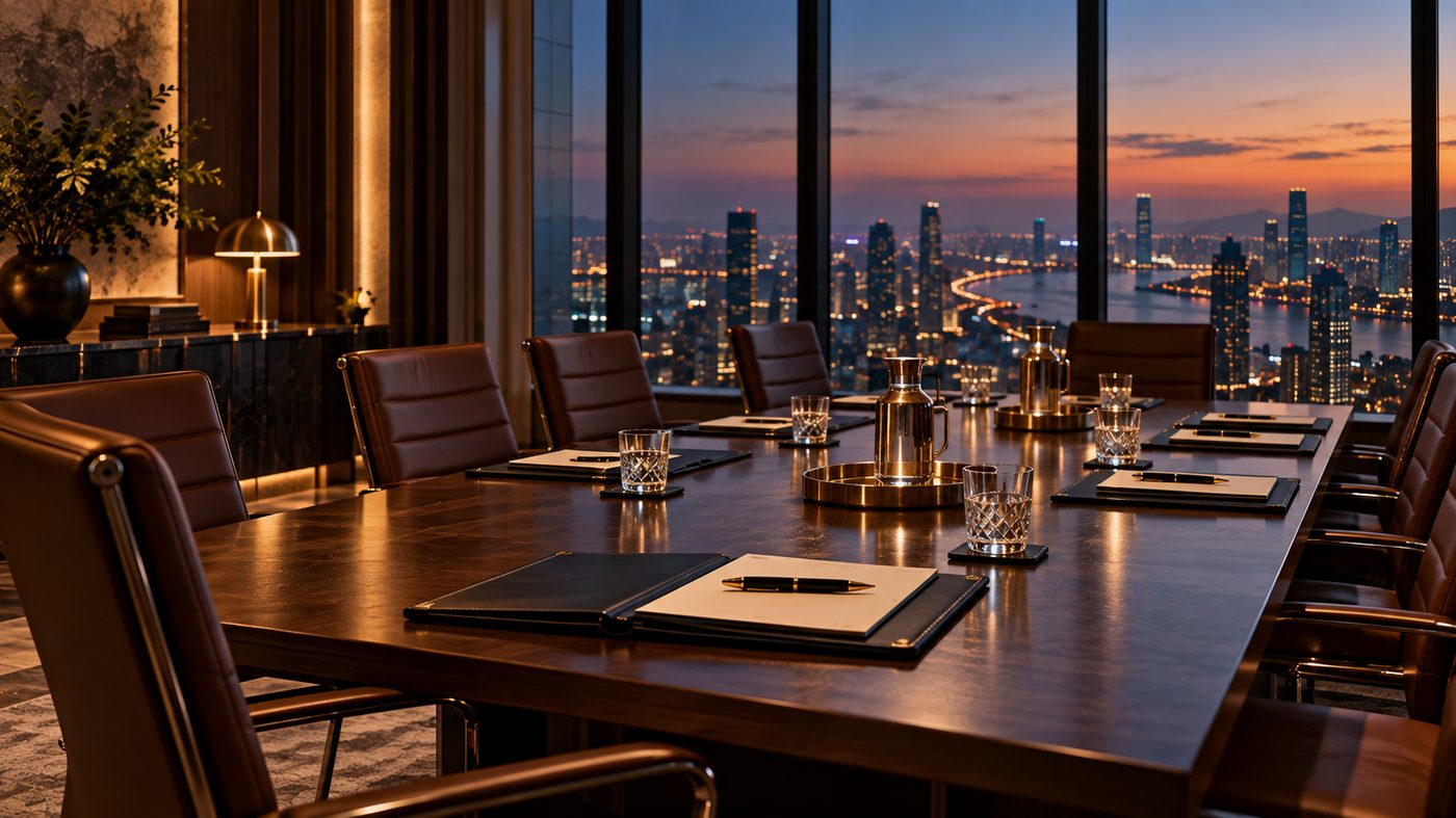 Boardroom table set for a meeting