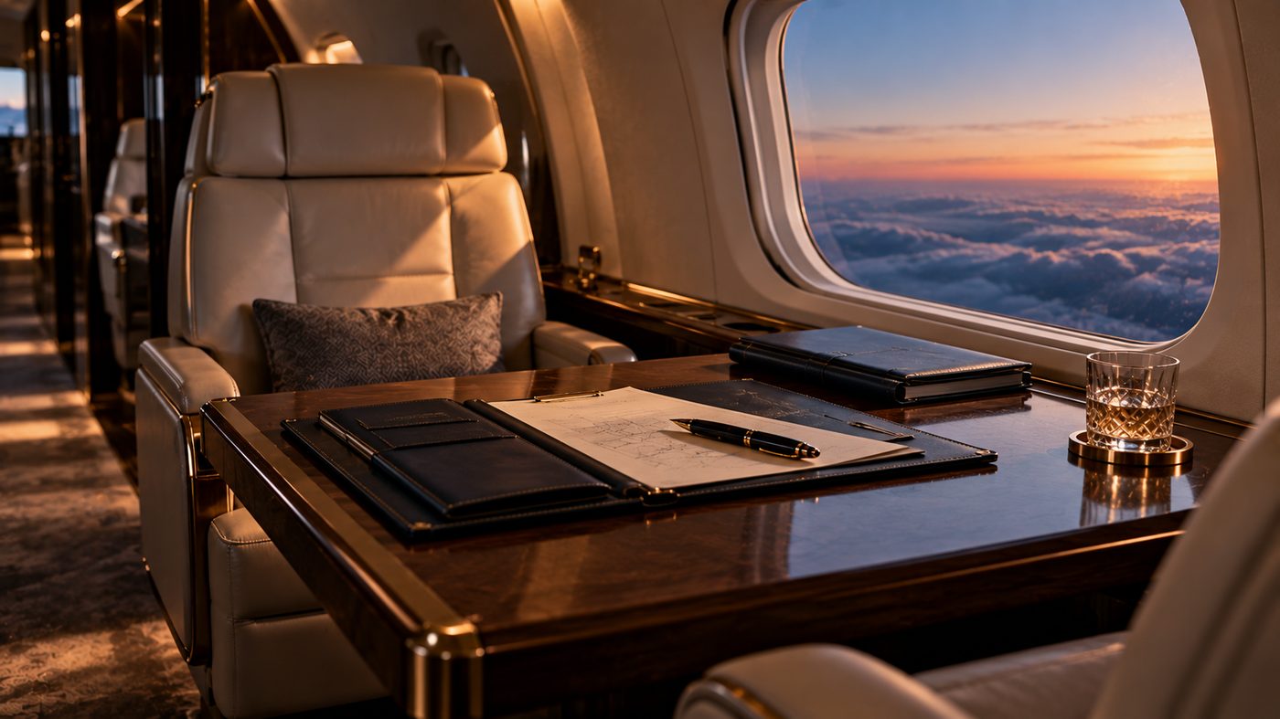 Private jet cabin with an open folio