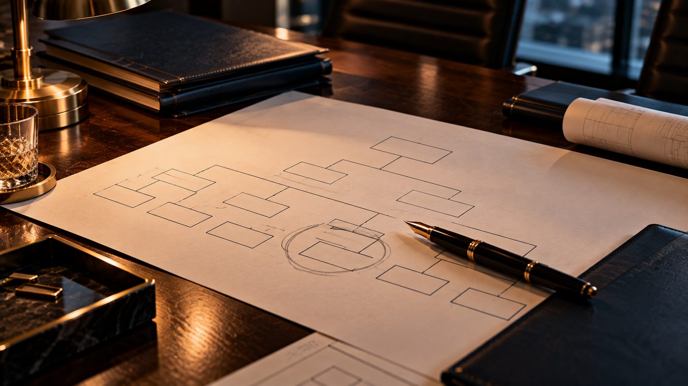 Corporate structure chart on a boardroom table